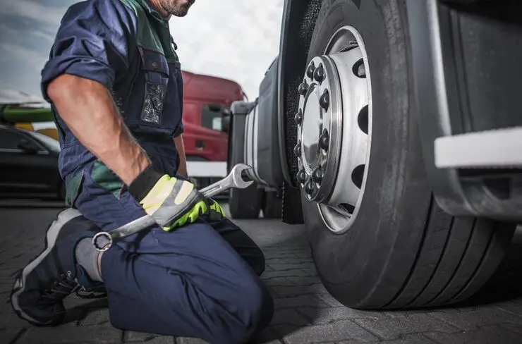 Technician loosening the wheel nuts on a flat tire